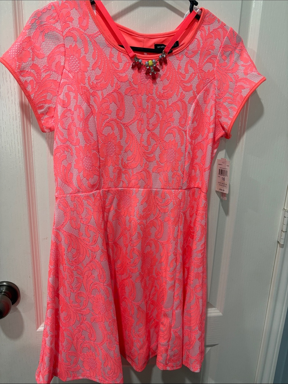 My Michelle Neon Coral Lace Fit-and-Flare Dress